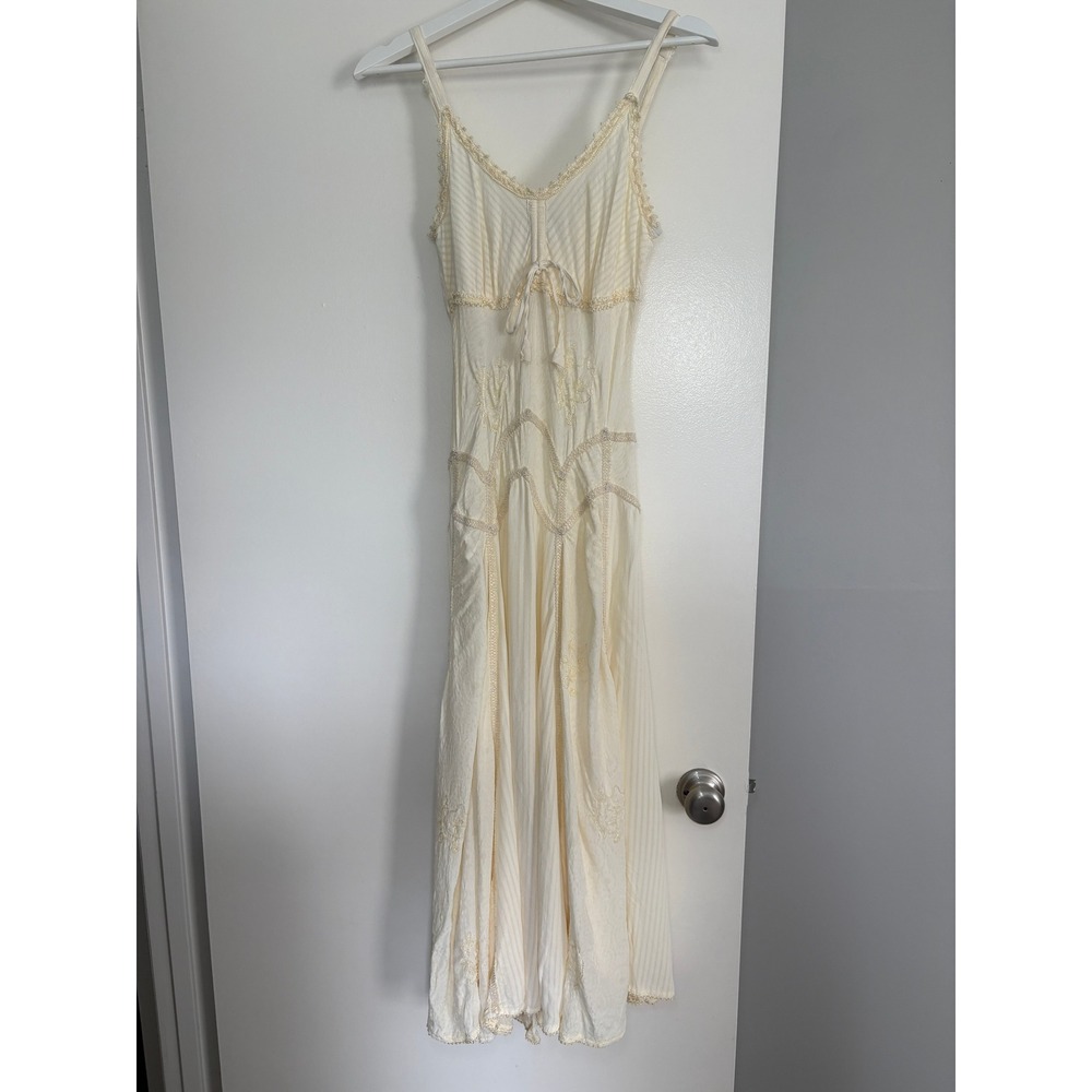 VINTAGE Flower Midi Dress Small Cream Rayon Embroidered Boho Cottagecore